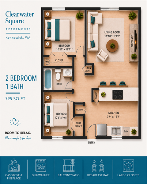 Floor plan for 2 beds, 1 bath, 795 sqft